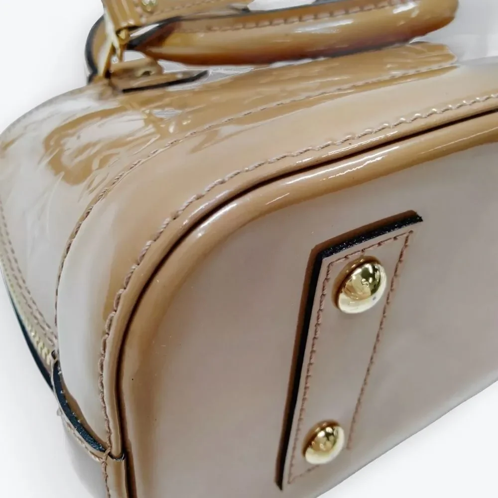 Auth Louis Vuitton Camel Brown Vernis Patent Leather 2way LV Alma BB Satchel